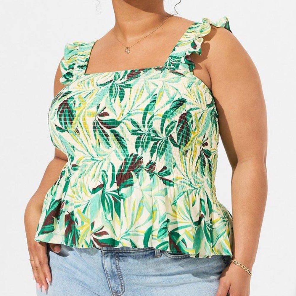 Torrid Top 4X Gauze Tank Shirt Smocked Peplum Ruffle Tropical Tee Plus Size NWT